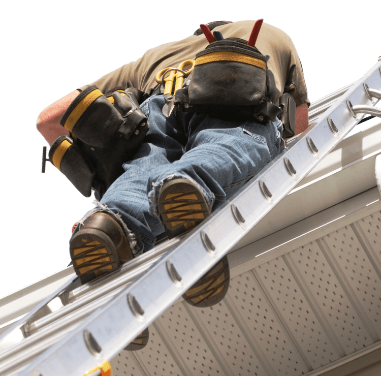 Gutter cleaning technician on a ladder clearing a roof gutter