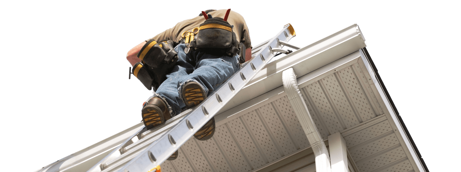 Gutter cleaning technician on a ladder clearing a roof gutter